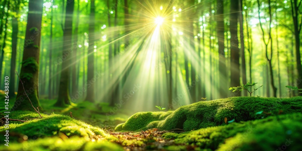 Sunbeams illuminate a lush, mossy forest floor, showcasing vibrant green foliage and new growth in a tranquil woodland scene. Sunbeams illuminate a lush, mossy forest floor, showcasing vibrant green foliage and new growth in a tranquil woodland scene.