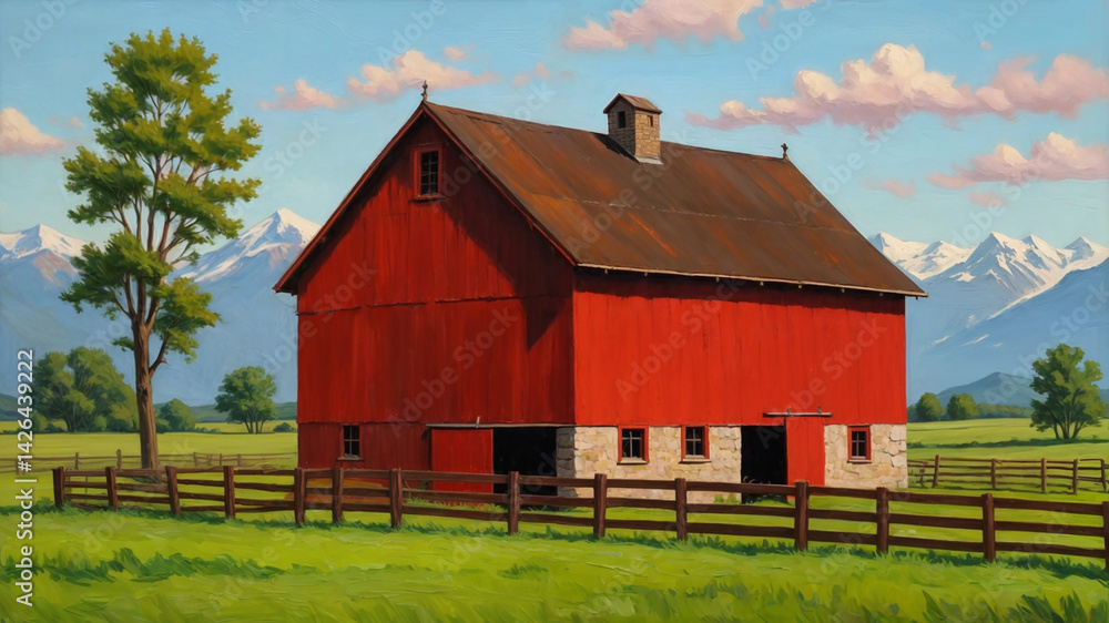 Fototapeta premium Red barn in a peaceful countryside setting with mountains in the background, vibrant colors