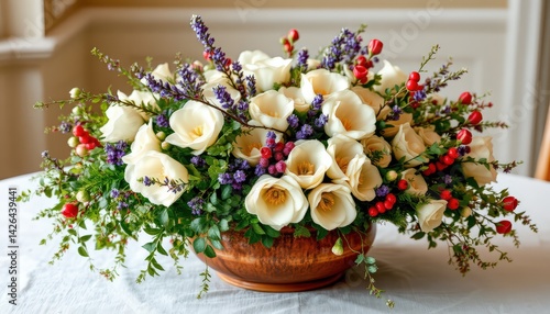 The centerpiece bursts forth from a low, earthenware vessel, an artful jumble of blooms and foliage that seems to have sprouted organically