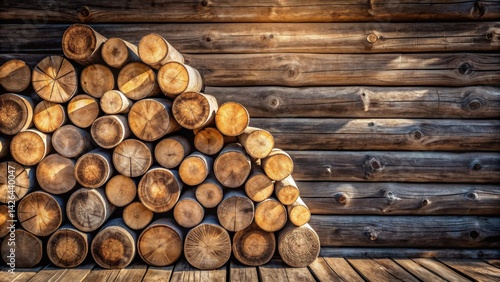 A rustic pile of neatly stacked logs rests against a weathered log cabin wall