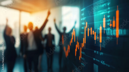 Corporate team celebrating financial milestone with stock market graphs in background