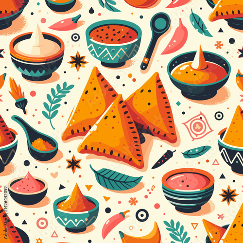 Flat modern vector, Pattern of samosas with sauce bowls and spice icons, Seamless design for packaging or textile, Soft background tones with sharp colorful details