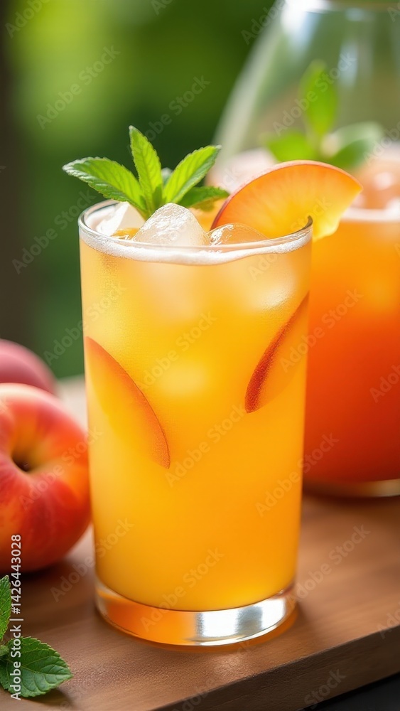 Refreshing peach and mint iced drink with fruit slices in a tall glass on wood. Perfect summer beverage for menus or advertisement. Refreshing peach and mint iced drink with fruit slices in a tall glass on wood. Perfect summer beverage for menus or advertisement.