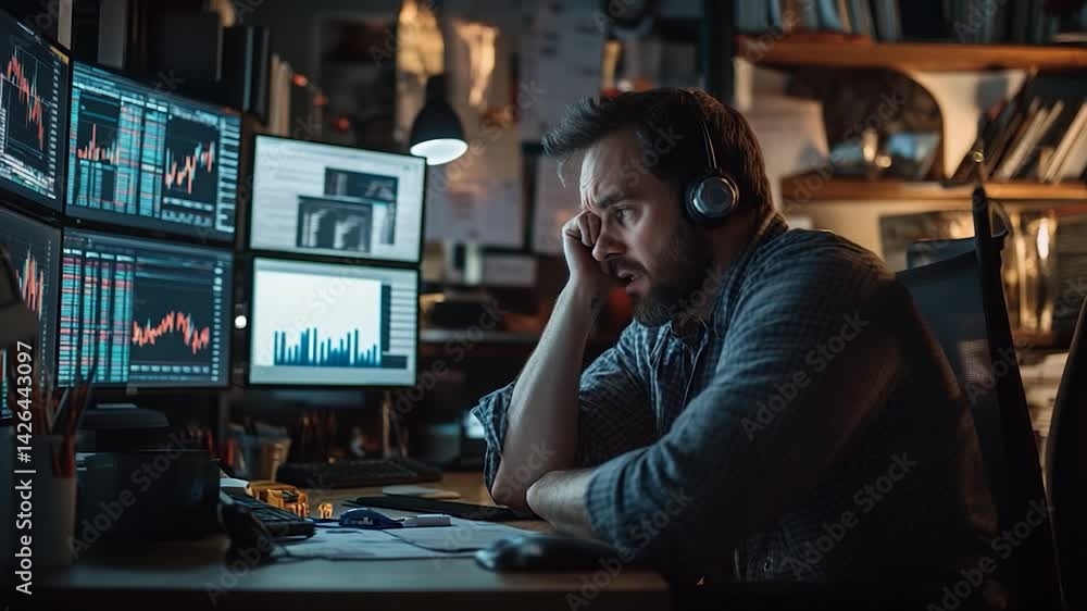 Focused man analyzing financial data on multiple screens at night Focused man analyzing financial data on multiple screens at night