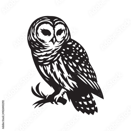 Barred owl Silhouette - Barred owl Vector - Minimalist Barred owl Illustration - Black and White Art.