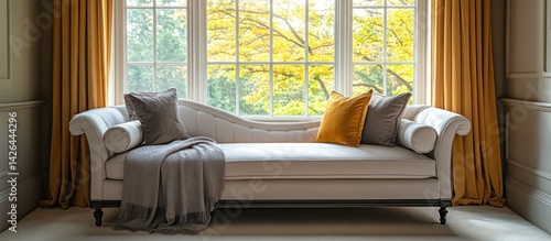 Luxurious chaise lounge by window, autumn foliage