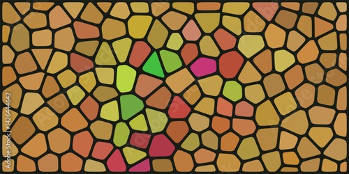 A vibrant mosaic of irregular polygonal tiles in earthy oranges, yellows, reds, and touches of green and pink, outlined by dark grout lines.

