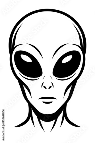 Vector illustration of a classic alien head with large eyes in black and white. Represents extraterrestrial life, science fiction, and the unknown.