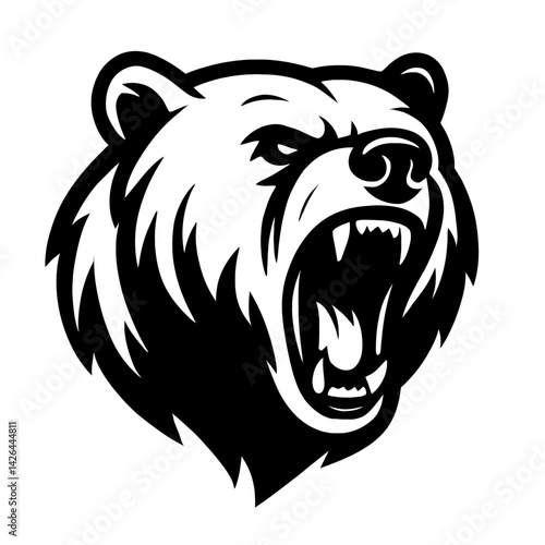 Vector illustration of a bear's head roaring with sharp teeth in black and white. Represents strength, power, and wilderness.
