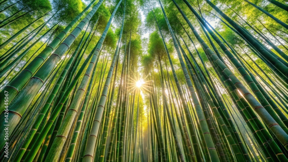 Sunlit Bamboo Forest Canopy A Low Angle View of Tall, Lush Green Bamboo Stalks Reaching Towards a Bright Sun Sunlit Bamboo Forest Canopy A Low Angle View of Tall, Lush Green Bamboo Stalks Reaching Towards a Bright Sun