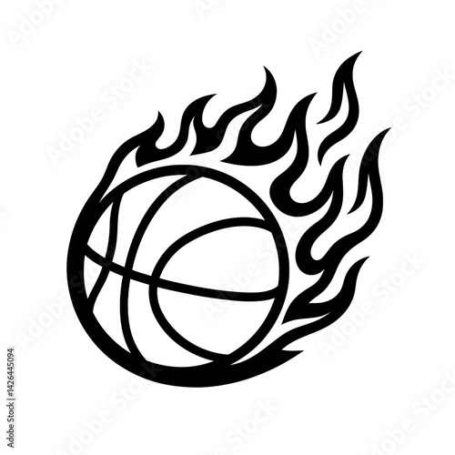 Vector illustration of a basketball surrounded by flames in black and white. Represents basketball, sports, and intense action.