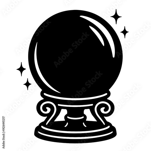 Vector illustration of a crystal ball on an ornate stand with sparkling stars in black and white. Represents divination, fortune telling, and the mystical.