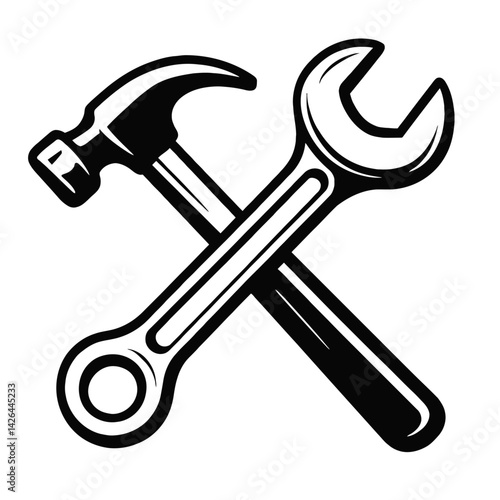 Vector illustration of a crossed hammer and wrench in black and white. Represents repair, construction, and tools.
