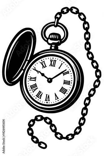 Vector illustration of a classic pocket watch in black and white with an open cover, Roman numerals, and a chain. Represents time, vintage style, and historical objects.