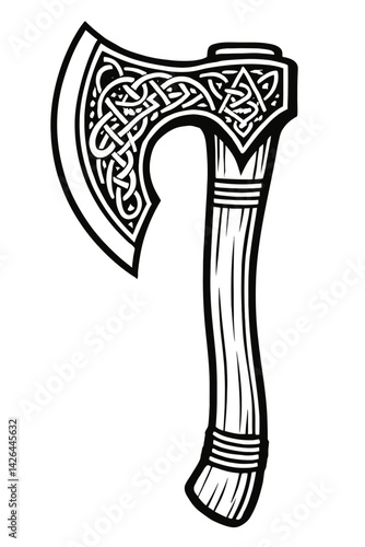 Vector illustration of a Viking axe in black and white with ornate Celtic knot details on the blade. Represents Norse history, warriors, and a bold graphic style.