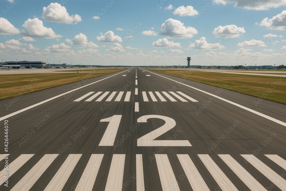 Fototapeta premium Modern Airport Runway with Number 12 Under Bright Cloudy Sky