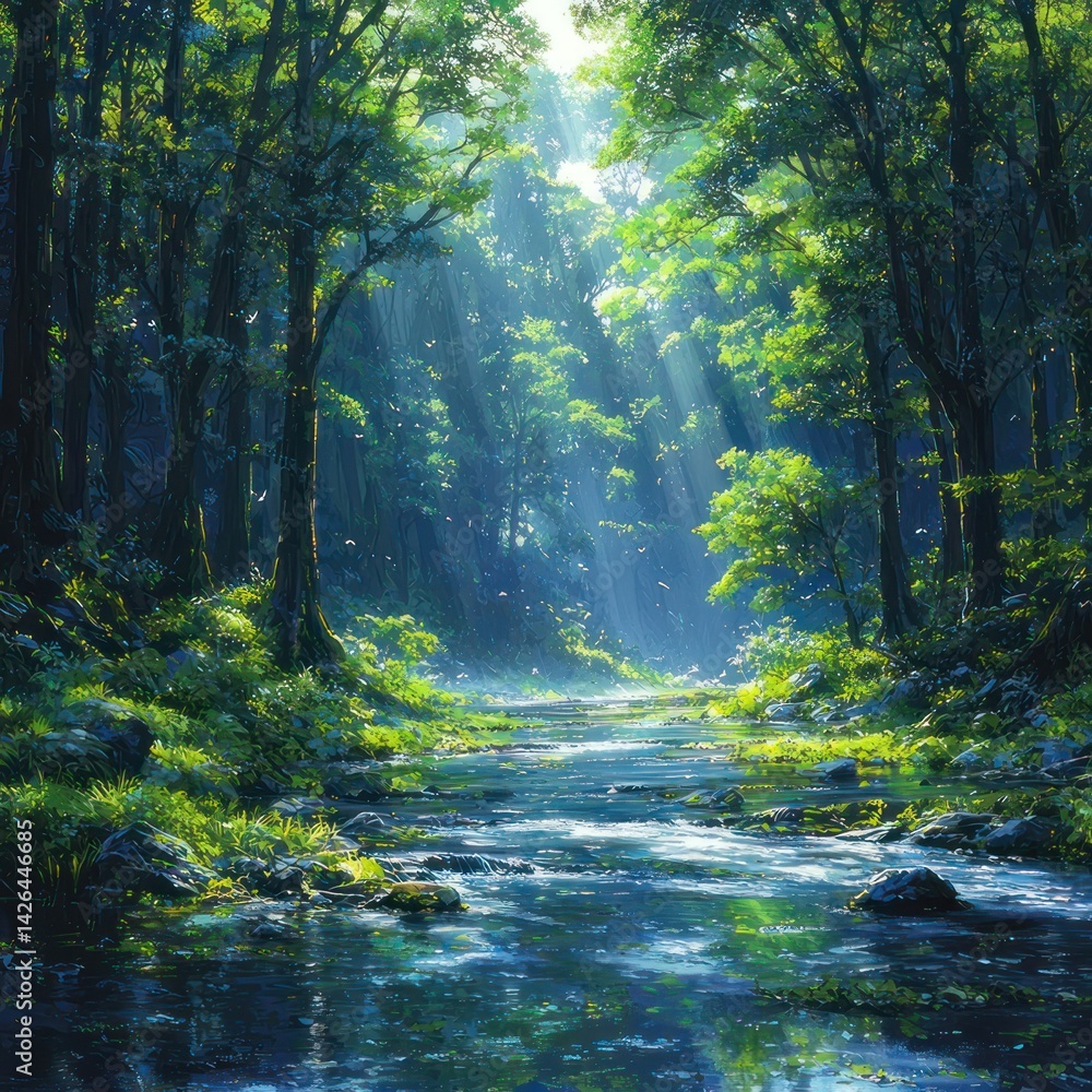 Obraz premium Tranquil Forest Stream with Sun Rays Streaming Through Green Canopy