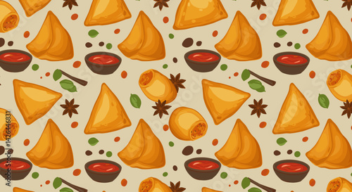 Flat modern vector, Pattern of samosas with sauce bowls and spice icons, Seamless design for packaging or textile, Soft background tones with sharp colorful details