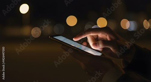 Señalar con el dedo en la pantalla del teléfono, primer plano, persona enviando mensajes de texto, hipster tocando la pantalla azul en el teléfono inteligente, luz de la ciudad de noche, chicas usando