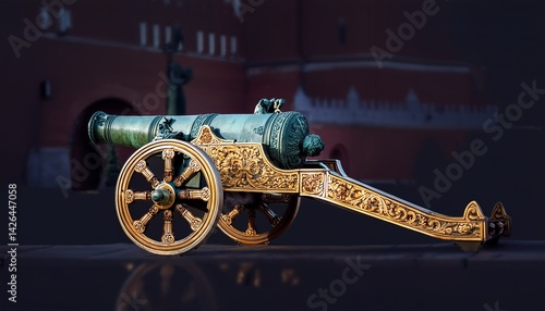 detail of luxury tsar cannon king of cannons in moscow kremlin russia ornate gun carriage and wheels old vintage landmark