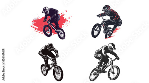 Dynamic vector illustration of street rider performing tricks and stunts in urban setting, featuring freestyle biking, extreme sports motion, youth culture, and bold street-style design