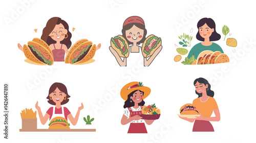 Vector illustration of traditional woman selling corn tortilla stew at street market, showcasing Latin American food culture, homemade cuisine, and local street vendor lifestyle