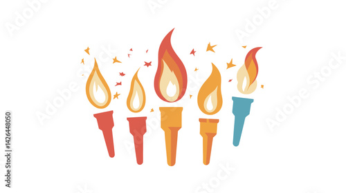 Vector graphic design of a flaming torch shooting upward with dynamic fire trails, symbolizing strength, victory, energy, and the spirit of competition, ideal for sports, Olympic