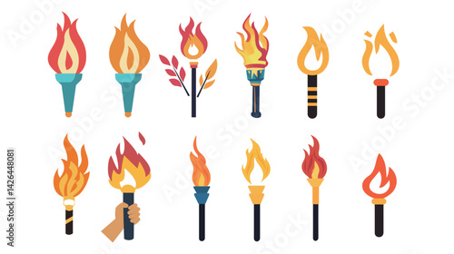 Vector graphic design of a flaming torch shooting upward with dynamic fire trails, symbolizing strength, victory, energy, and the spirit of competition, ideal for sports, Olympic