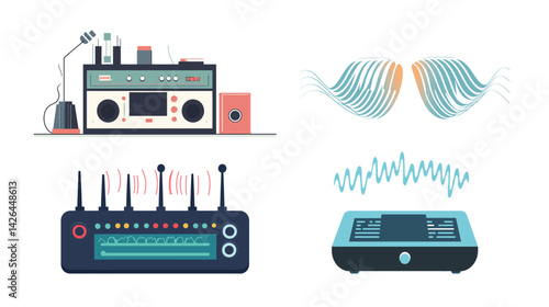 Ultrasonic vector graphic design featuring abstract sound waves, frequency curves, vibration patterns, and high-frequency technology elements for scientific, medical, and industrial visualization uses