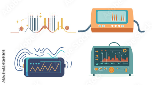 Ultrasonic vector graphic design featuring abstract sound waves, frequency curves, vibration patterns, and high-frequency technology elements for scientific, medical, and industrial visualization uses