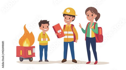Using visual aids to teach children about fire safety, featuring educational illustrations, flames, warning signs, and parental guidance for learning emergency preparedness in a safe and engaging way