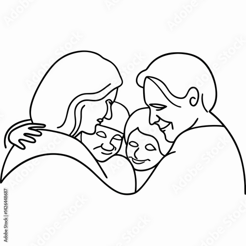  Happy family hugging in minimalist line art drawing