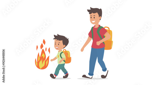 Using visual aids to teach children about fire safety, featuring educational illustrations, flames, warning signs, and parental guidance for learning emergency preparedness in a safe and engaging way