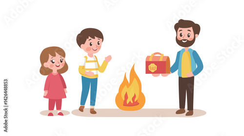 Using visual aids to teach children about fire safety, featuring educational illustrations, flames, warning signs, and parental guidance for learning emergency preparedness in a safe and engaging way