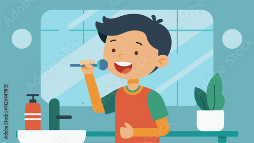 A young boy brushes his teeth in front of the bathroom mirror telling the voiceactivated device to play his favorite morning tunes to start his day. Vector illustration