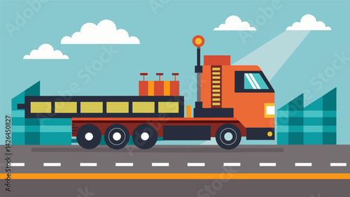 The large hulking machine seems almost alive as it moves along the road its long arm extended and paving with impressive speed and efficiency.. Vector illustration
