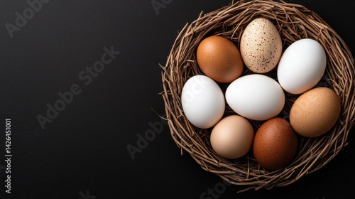 A basket of eggs with a black background