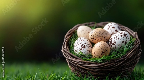 A basket of eggs with a green background