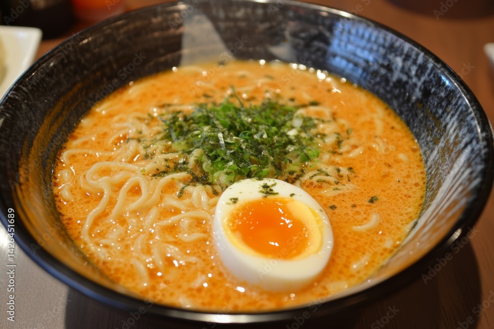Bowl of ramen with soft boiled egg.