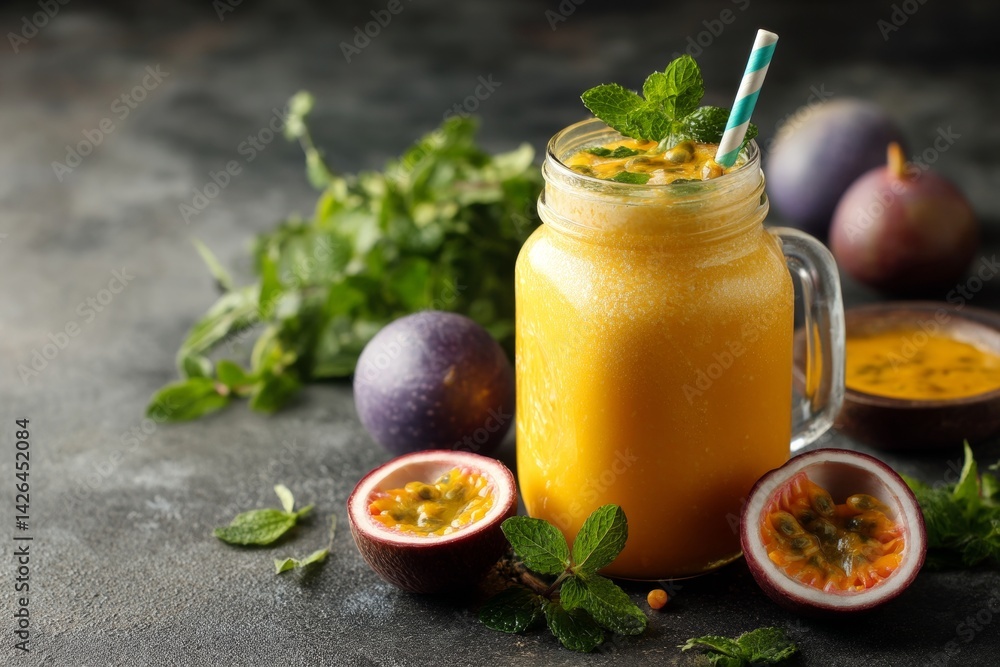 Tropical fruit smoothie in glass jar.