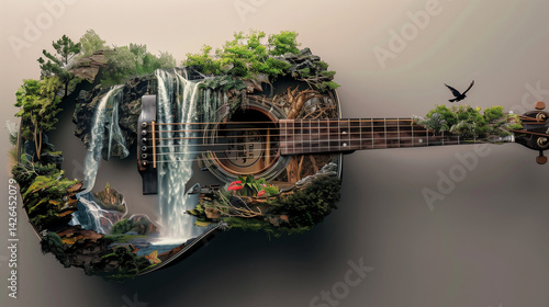 A guitar with a waterfall and trees on it. The guitar is made of wood and has a green and brown color. The waterfall is flowing down the side of the guitar