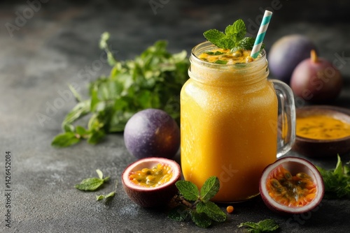 Obraz na płótnie Tropical fruit smoothie in glass jar. w salonie