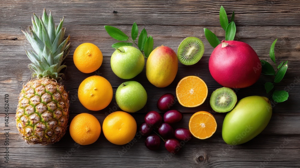 Vibrant Tropical Fruits Arranged on Rustic Wooden Table Surface Vibrant Tropical Fruits Arranged on Rustic Wooden Table Surface