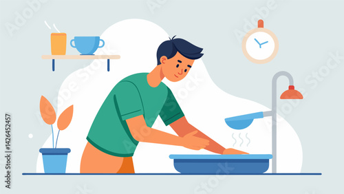 A man mindfully washes the dishes paying attention to the temperature of the water and the rhythm of his scrubbing.. Vector illustration