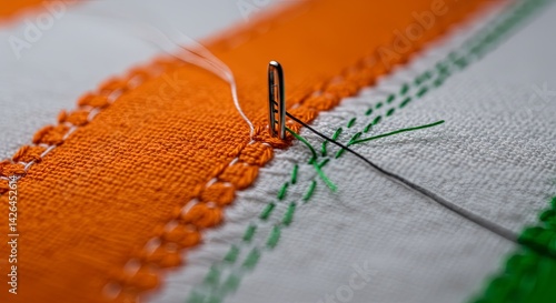 Needlework in vibrant colors, creating intricate stitch patterns on fabric surface