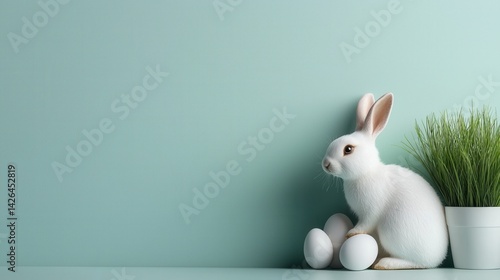 A white rabbit is sitting in a pot with two eggs
