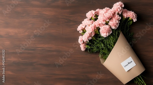 A bouquet of pink flowers is wrapped in brown paper