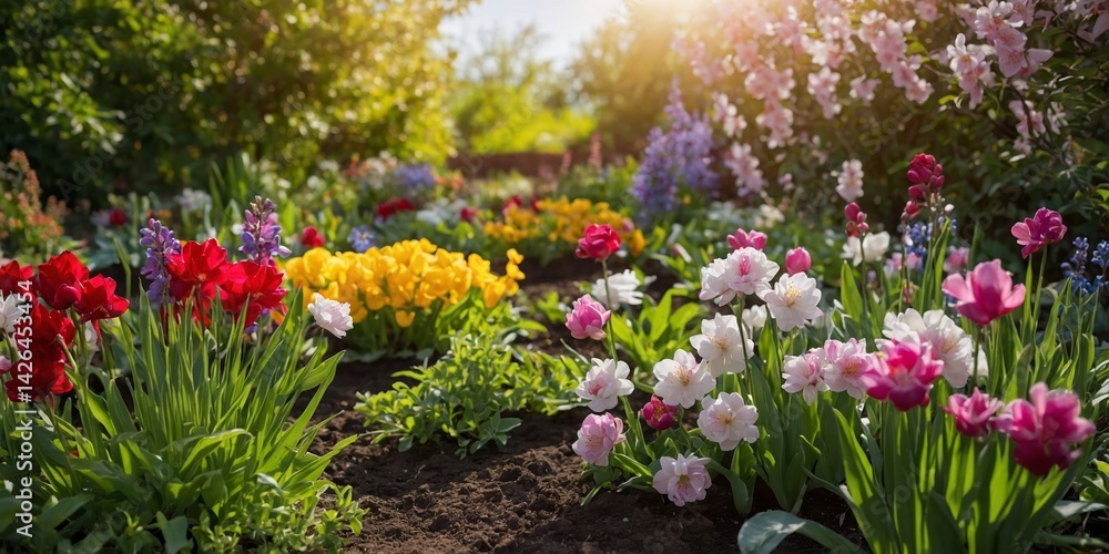 Fototapeta premium Vibrant flower garden in early morning light showcasing colorful tulips and blossoms in full bloom