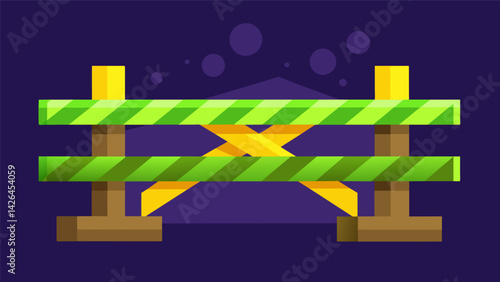 Neon green caution tape stretched across wooden barricades signaling a construction project in progress.. Vector illustration