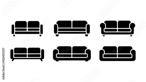 Collection of Couch Designs: A collection of minimalistic black couch silhouettes, showcasing various modern furniture styles in a clean and uncluttered layout.